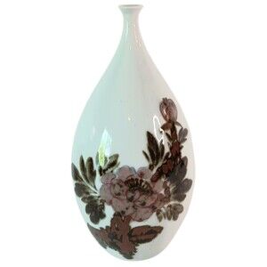 Floral Vase Narrow Neck Japanese Asian Abstract White Pink Flowers 8.5" x 3.5"